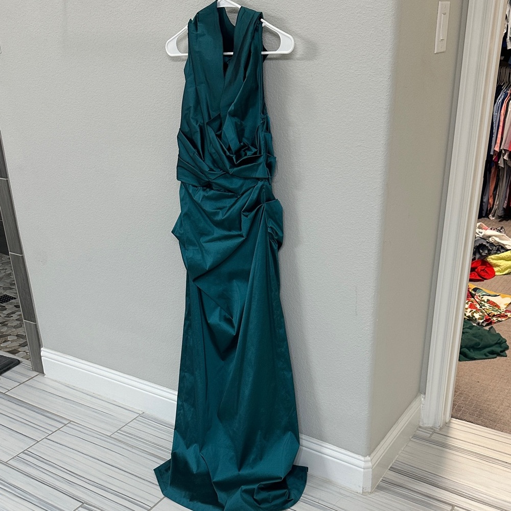Sleeveless Teal Maxi Gown with Draped Waist Detail